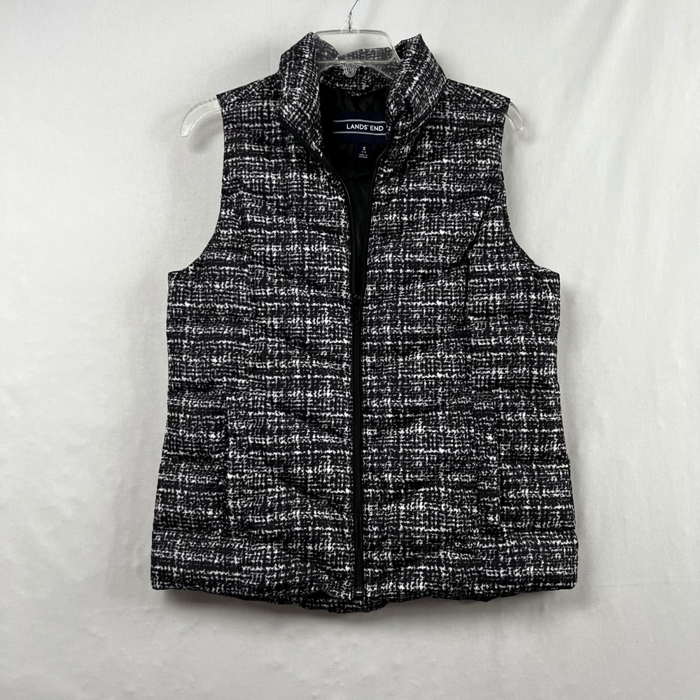 Lands End Womens Down Puffer Vest Black White Tweed Print Size S 6-8 Zip Up - Picture 1 of 10
